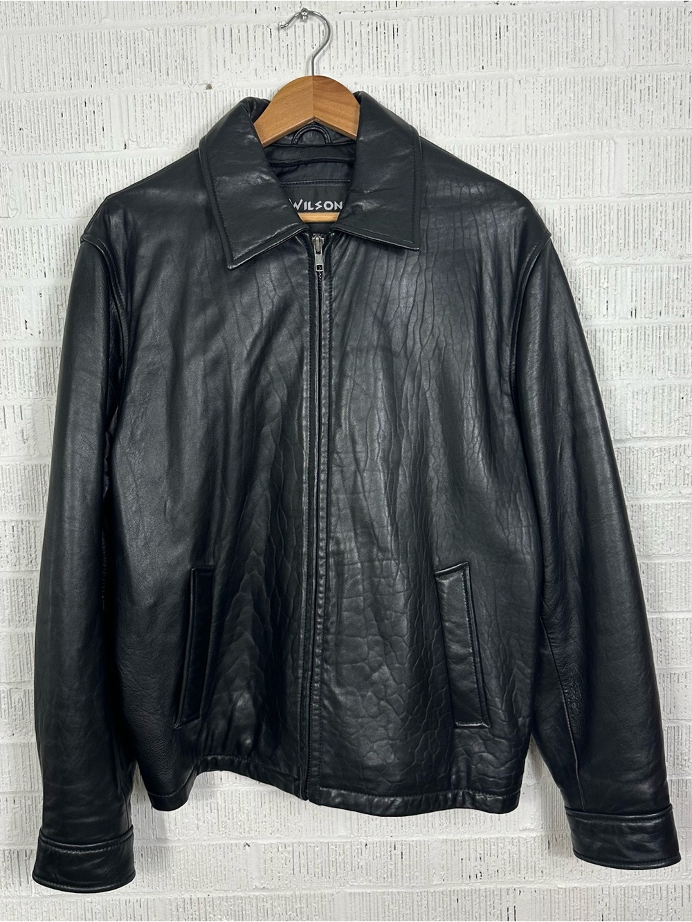 Wilsons Leather Mens Black Genuine Leather Bomber Jacket Full Zip Collared Small
